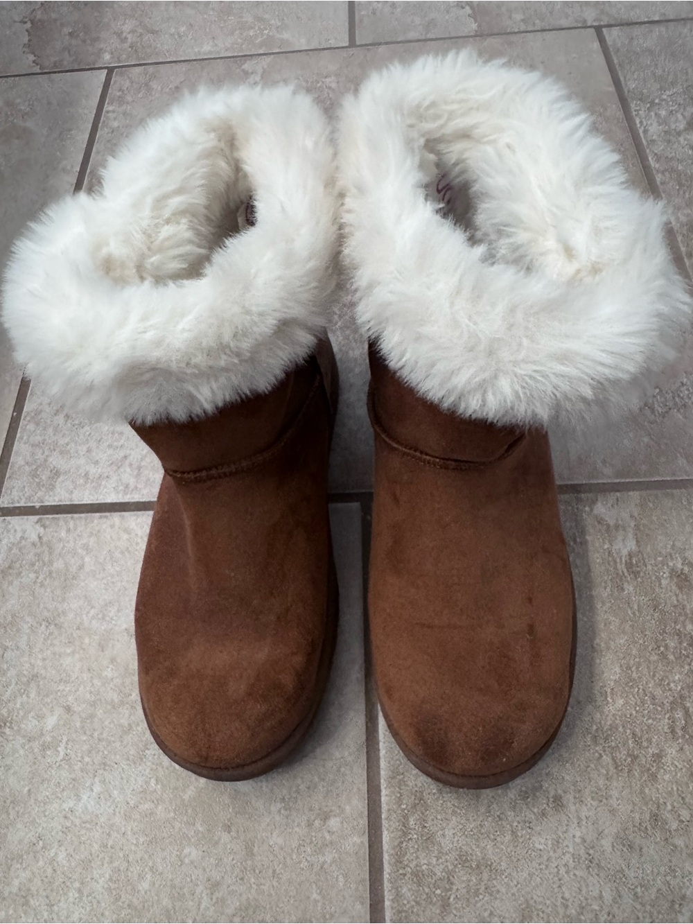 SO Women's Brown Suede Winter Boots with White Faux Fur Cuff